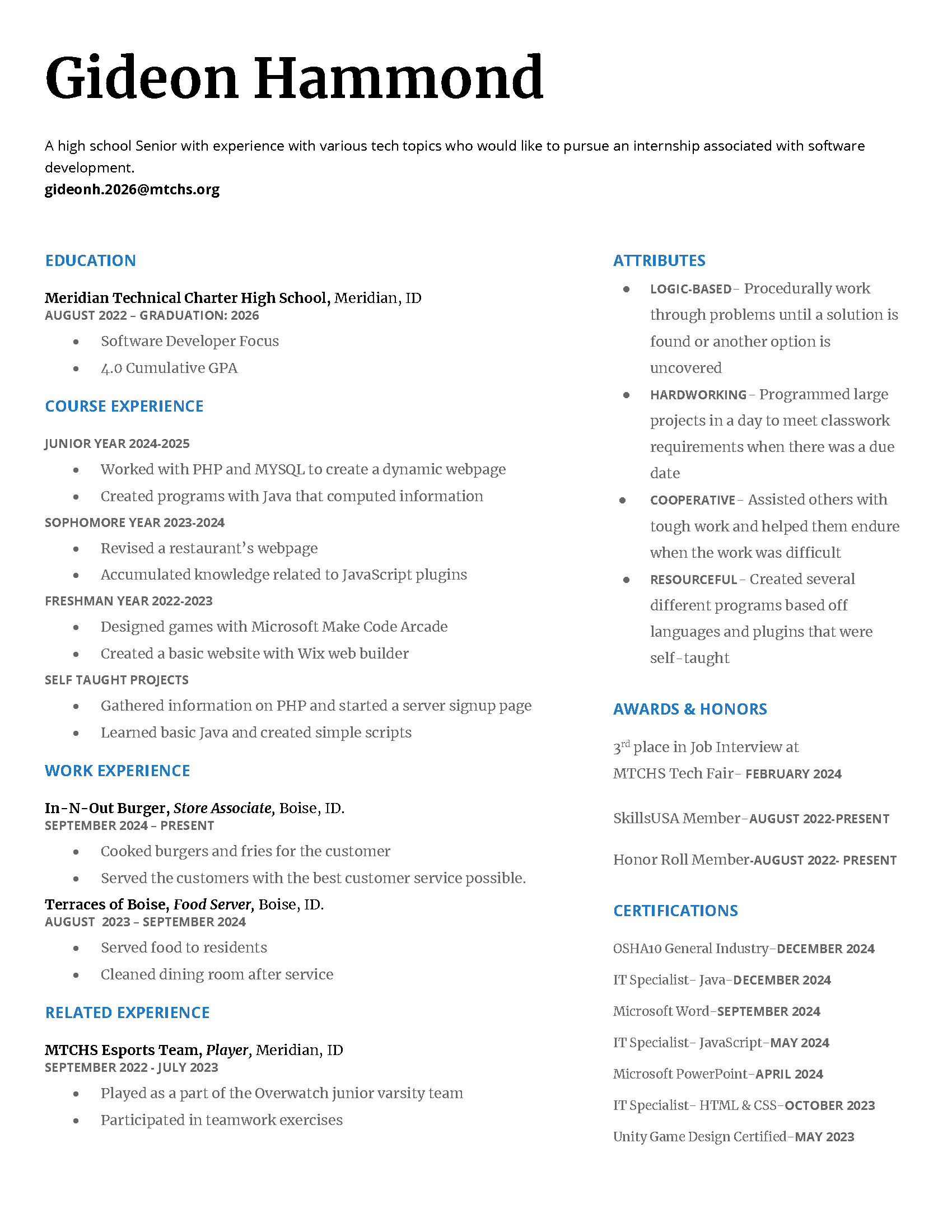 A png of Gideon Hammond's Resume